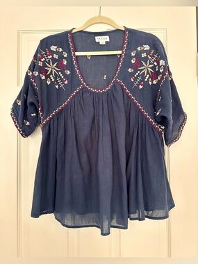 Velvet by Graham & Spencer Navy Blue Embroidered Top, 100% Cotton, Size S